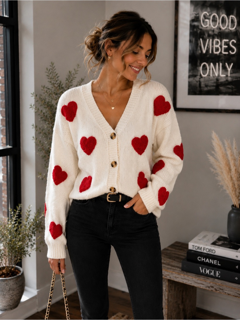Luna Ivy Cream V-Neck Cardigan with Red Heart Appliqués